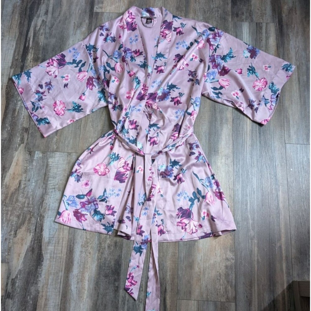 Victoria’s Secret Womens M/L Purple Floral Satin Short Robe Lingerie Sleepwear